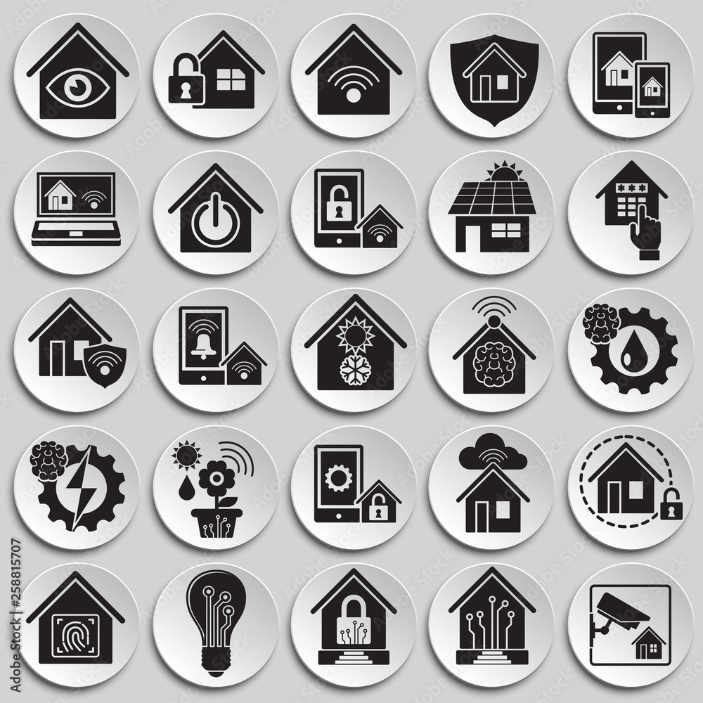 Smart home related icons set on plates background for graphic and web ...