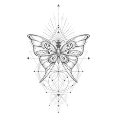 Vector illustration with hand drawn butterfly and Sacred geometric symbol on white background. Abstract mystic sign.