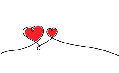 Continuous line drawing. Hearts of love concept on white background. Vector illustration