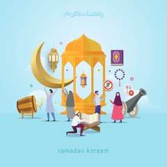 Vector illustration ramadan kareem design concept with small people and muslim activity symbol