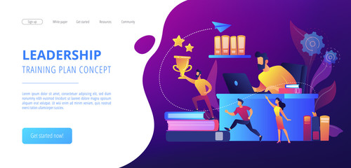 Wall Mural - Businessman at laptop and leader runs up on books with trophy and his team. Business leadership, managing skills, leadership training plan concept. Website vibrant violet landing web page template.