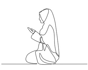 continuous line drawing with silhouette design a woman raises his hand and prayer. can for mubarak Ramadan greeting cards, ramadan kareem, invitations to the Muslim community. in single line style