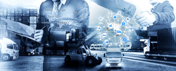 World map with logistic network distribution on background. Logistic and transport concept in front Logistics Industrial Container Cargo freight ship for Concept of fast or instant shipping Online 