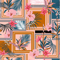 Wall Mural - Summer bright Seamless pattern silk scarf with modern frame exotic forest. Design for fashion ,fabric ,wallpaper, web and all prints