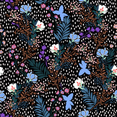 Trendy Seamless vector pattern  Vector illustration of a hand drawn meadow flowers and leaves. with hand paint polkadots design for fashion , fabric, web, wallpaper, and all prints