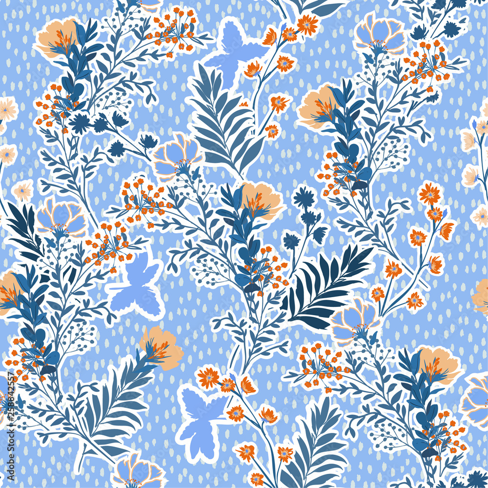 Vector illustration of a hand drawn meadow flowers and leaves. Seamless ...