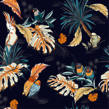 Seamless Pattern Hand Drawn Sketch Tropical  With Exotic Parrot Birds In Vector Design For Fashion ,fabic,web,wallpaper,and All Prints
