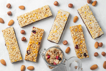 Healthy sweet dessert snack. Cereal granola bar.