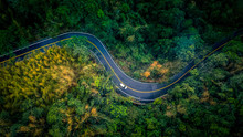 Car In Rural Road In Deep Rain Forest With Green Tree Forest View From Above, Aerial View Car In The Forest On Asphalt Road Background.