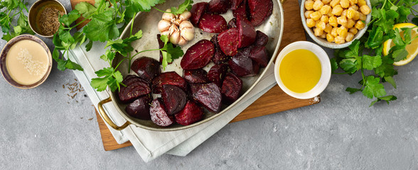 Poster - Ingredients cooking healthy vegetarian beet hummus top view