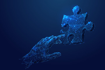 Aufkleber - Puzzle and touching hand low poly blue