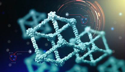 Poster - Blockchain technology. Information blocks form a decentralized global database structure. 3D illustration of nanotech cubes in cyberspace