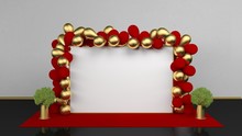 Wedding Party Backdrop Banner 2x3 Meters With Red And Gold Balloons. Pop Up Template. 3d Render Mockup For You