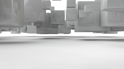 Poster - 3D rendering of an array of white cubes, a set of geometric shapes, with smooth faces, straight edges, in space, cast a shadow on a white surface. Illustration isolated on white background.