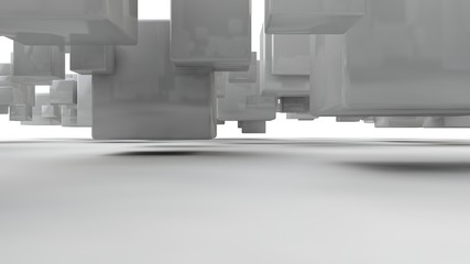 Poster - 3D rendering of an array of white cubes, a set of geometric shapes, with smooth faces, straight edges, in space, cast a shadow on a white surface. Illustration isolated on white background.