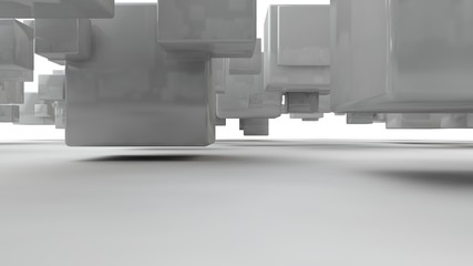 Poster - 3D rendering of an array of white cubes, a set of geometric shapes, with smooth faces, straight edges, in space, cast a shadow on a white surface. Illustration isolated on white background.