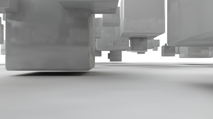 Poster - 3D rendering of an array of white cubes, a set of geometric shapes, with smooth faces, straight edges, in space, cast a shadow on a white surface. Illustration isolated on white background.