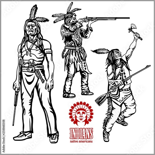 Fotomural American indians set of vintage emblems, labels and logos in monochrome style