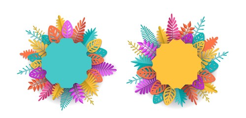 Wall Mural - Spring, summer or autumn banner with a place for text surrounded by bright colorful leaves in the style of papercut, the design element can be used in the advertising of the offer, vector illustration