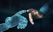 © sdecoret - Wireframed Robot hand making contact with human hand on dark 3D rendering