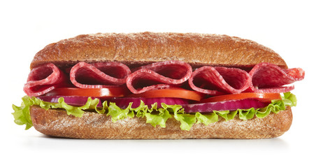 Wall Mural - sandwich with salami and vegetables isolated on white background