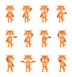 Set of cartoon fox characters showing different hand gestures. Cheerful fox showing thumb up, pointing, waving, greeting and other hand gestures. Simple vector illustration