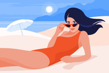 Beautiful Girl Lying On The Beach Against The Background Of The Sea And Mountains. Summer Holidays In The Southern Resorts. Vector Flat Illustration