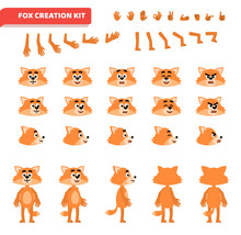 Cartoon Fox Creation Set. Various Gestures, Emotions, Diverse Poses, Views. Create Your Own Pose, Animation. Flat Style Vector Illustration