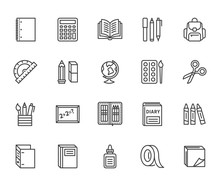 School Supplies Flat Line Icons Set. Study Tools - Globe, Calculator, Book, Pencil, Scissors, Ruler, Notebook Vector Illustration. Thin Signs For Stationery Sale. Pixel Perfect 64x64. Editable Stroke