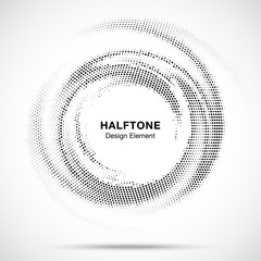 Wall Mural - Halftone circle dotted frame circularly distributed. Abstract dots logo emblem design. Round border Icon using random halftone circle dot raster texture. Half tone circular background pattern. Vector