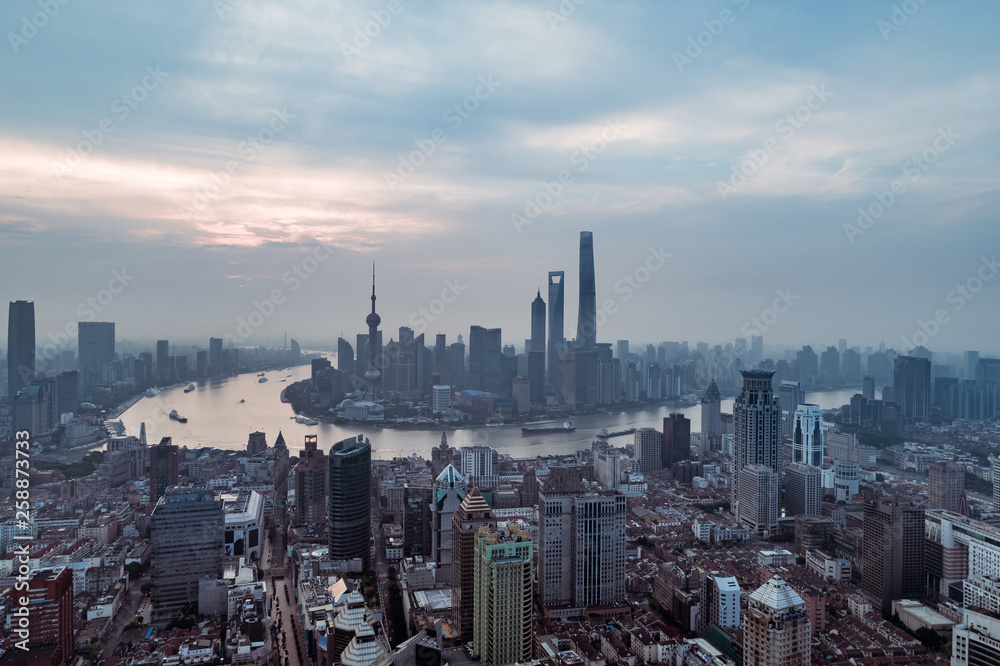 aerial view of East Nanjing Road, Shanghai, China. In dawn - obrazy, fototapety, plakaty 