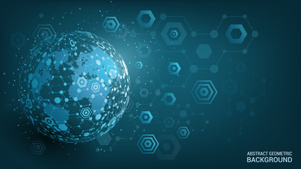 Poster - Vector. Blue background. Geometric sphere. Planet Earth. Global social network. Future. Hexagon. Internet and technology. Abstract image of dots and lines. Modern science.