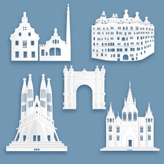 Fototapete - Collection of Barcelona, Spain famous landmarks in paper cut style vector illustration.