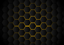 Abstract Black Hexagon Pattern On Yellow Neon Background Technology Style. Honeycomb.