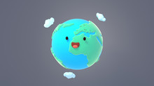 3d Rendering Picture Of Cute Cartoon Earth With Smiling Face On Gray Background.