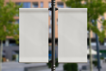 Wall Mural - 3d rendering of blank flag banner (empty advertisement) with clouds. empty mockup template