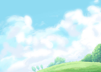 digital illustration of soft green meadow and blue sky background