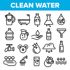  Clean Water Line Icon Set Vector. Nature Care. Drop Fresh Clean Water. Drink Eco Icon. Thin Outline Illustration