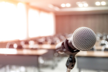 Microphone on stage of speech with copy space in seminar room