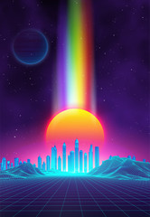Wall Mural - retro landscape background sunset 3d landscape with rainbow light. futuristic landscape 1980s style.