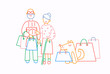 Old couple and dog hold shopping bags with purchases. Line cartoon style vector illustration.