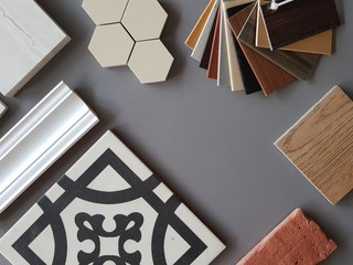  samples of material, wood , on concrete table.Interior design select material for idea. Decoration idea concept vintage material.