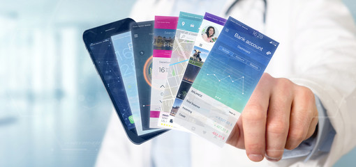 Poster - Doctor holding Mobile application template on a smartphone 3d rendering