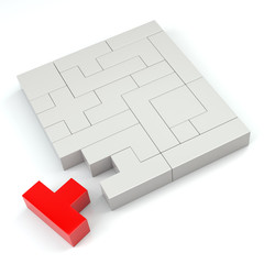 Poster - Closeup of a Red Puzzle Made with Blocks of Different Shape and Color.