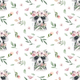 Watercolor Seamless hand illustrated floral pattern with floral leaf, pink flowers and baby raccoon. Watercolor boho spring wallpaper botanical background textile