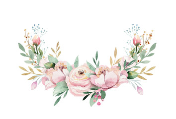 Wall Mural - Hand drawn watercolor wreath illustration. Isolated Botanical wreathes of green branches and flower leaves. Spring and summer mood. Wedding blossom Floral Design elements.