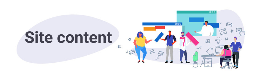 Poster - contents creation professionals team working on landing page site content web design and development concept website under construction co-working center interior sketch horizontal banner