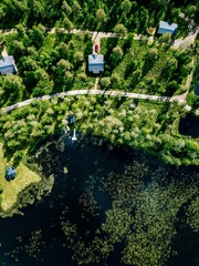 Wall Mural - Aerial view of blue lake with green forests in Finland. Wooden house, sauna, boats and fishing pier by the lake.