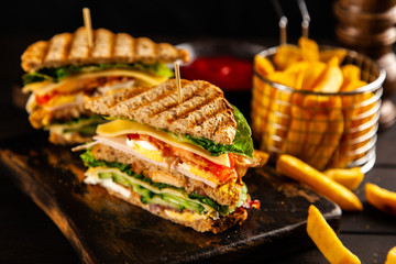 Wall Mural - Tall club sandwich and french fries