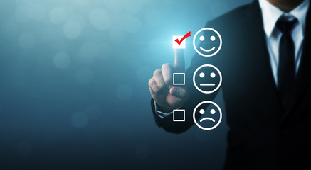 Businessmen choose to rating score happy icons. Customer service experience and business satisfaction survey concept